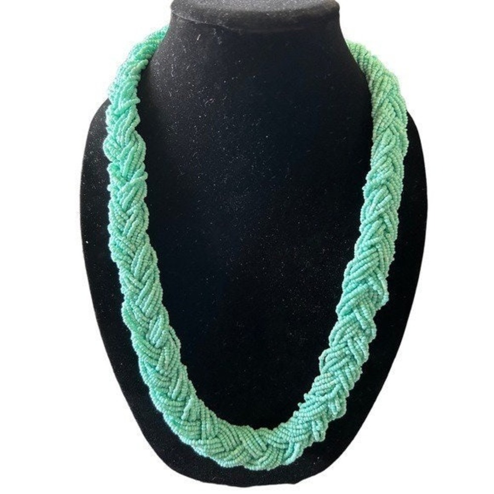 Vintage Braided Seed Bead Mint Green Necklace - Picture 2 of 4
